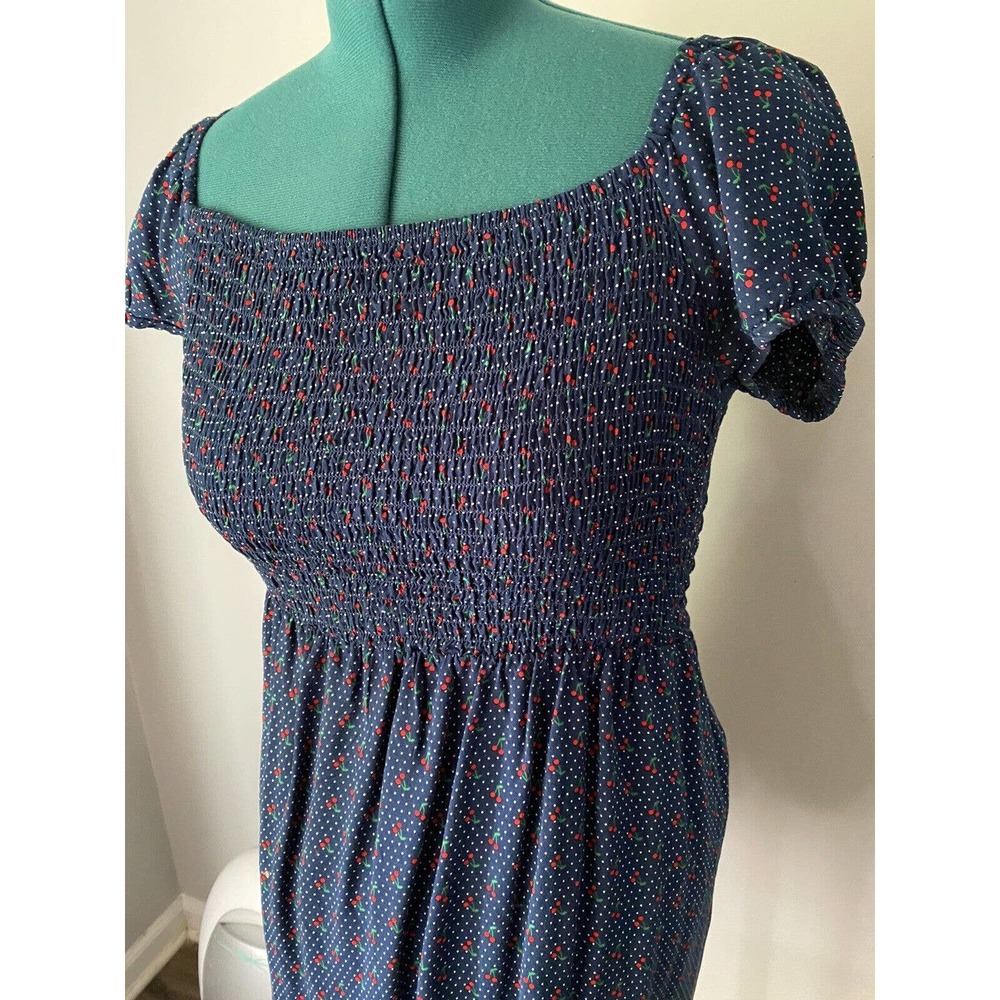 AUW Navy Polka Dot Cherry Print Dress Peasant Top Mini Dress M